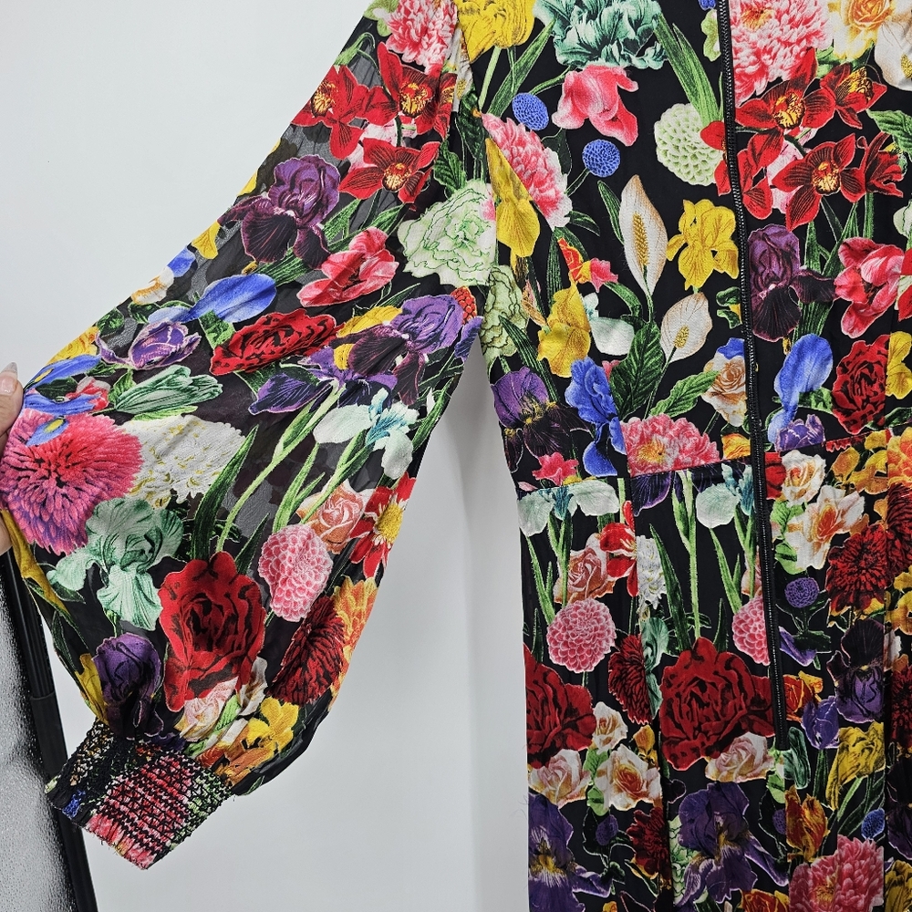 Alice + Olivia Floral Maxi Dress Size 8 | Silk Blend Plunge Gown Puff Sleeves - Picture 10 of 11